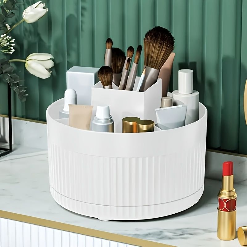 360 rotierender Make-up-Organizer, weißer Kunststoff, Aufbewahrung für Kosmetikpinsel, Lippenstifte, Beauty-Essentials_voghion.com