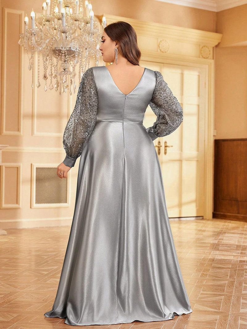 Elegant Plus Size Satin V-Neck Long Sleeve Evening Dress With Sequins, Formal Gown For Women, Available In Green & Navy Blue_voghion.com