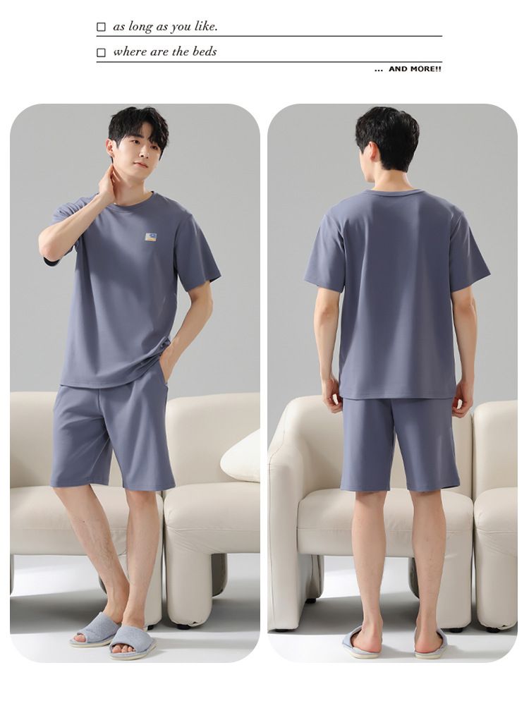 Sommerpyjama Herren Reine Baumwolle Dünn Schlichte Lässige Oberbekleidung Rundhals Pullover Kurzarm Shorts Baumwolle Heimkleidung Set_voghion.com