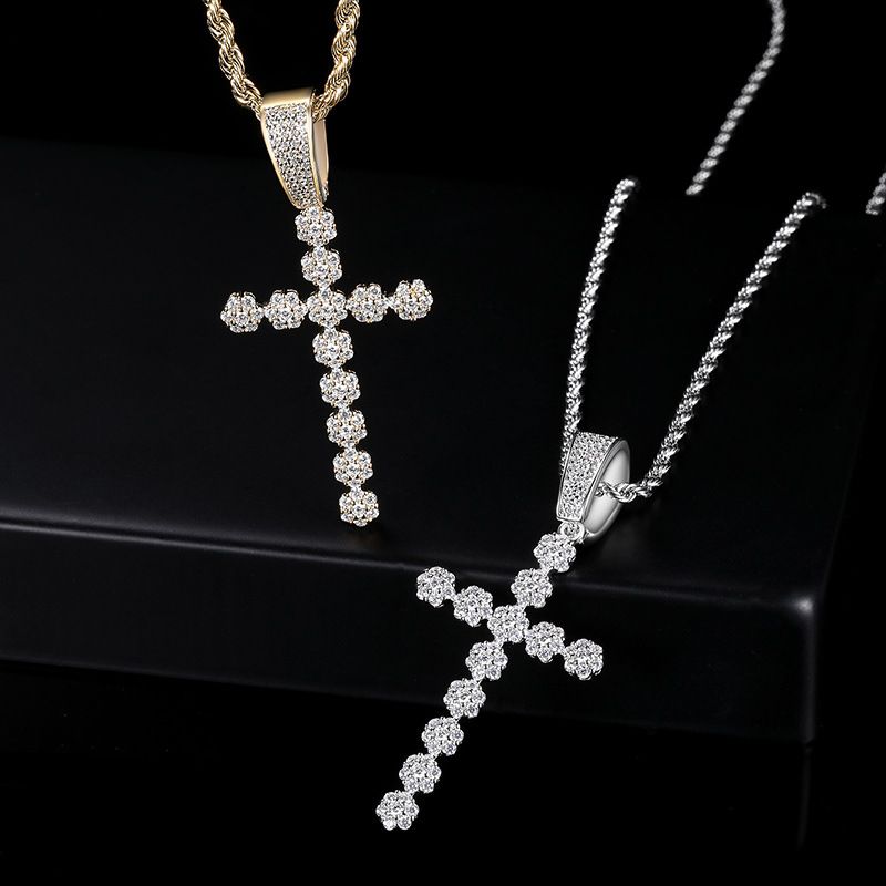 Collana con catena Hip Hop, ciondolo a croce con zirconi cubici di grandi dimensioni da donna, in oro e oro bianco, misure da 16 a 24 pollici._voghion.com
