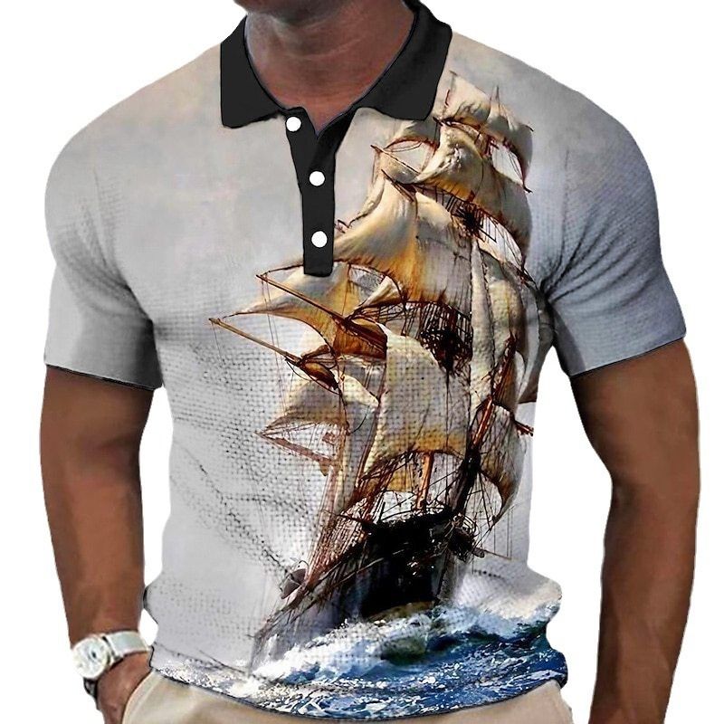 Herren Poloshirt mit Knopfleiste und Segelboot-Motiv, kurzärmelig, bedruckt_voghion.com