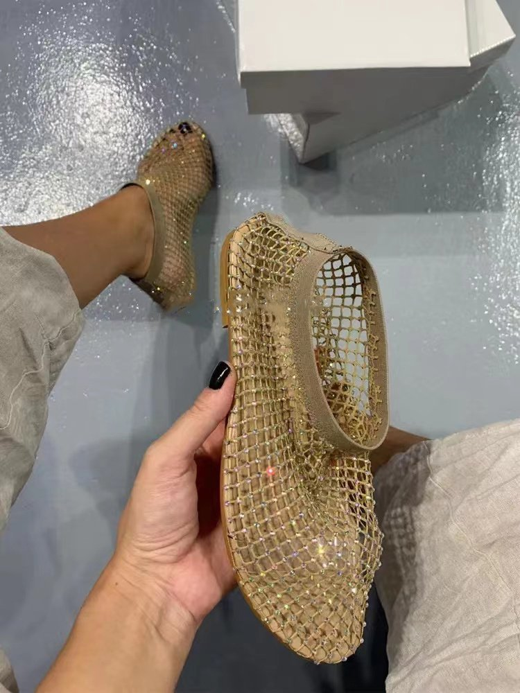 Women's Round Toe Sandals With Diamond Short Boots, Summer Sexy Large Size Flat Bottom Hollow Sandals For Women_voghion.com