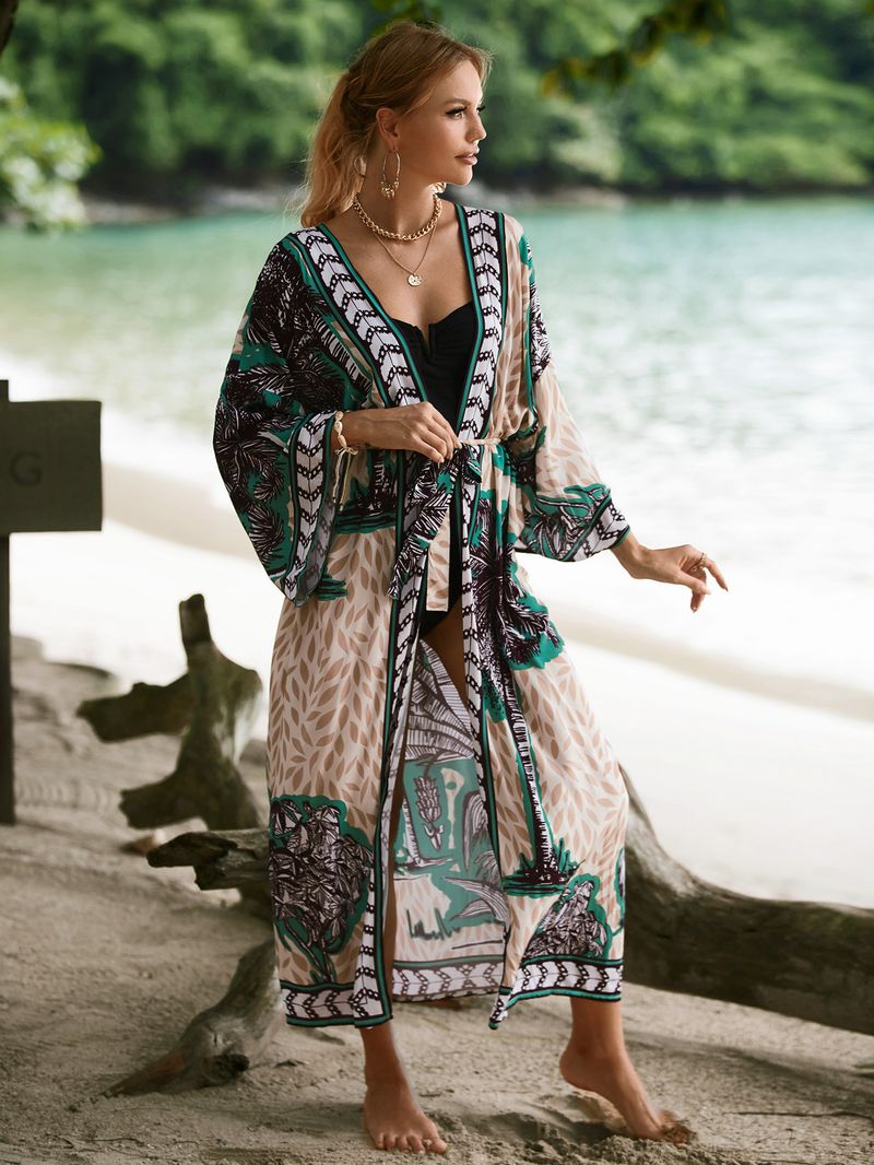 Women's Beach cover-up rayon positioning printed cardigan holiday sun protection shirt _voghion.com