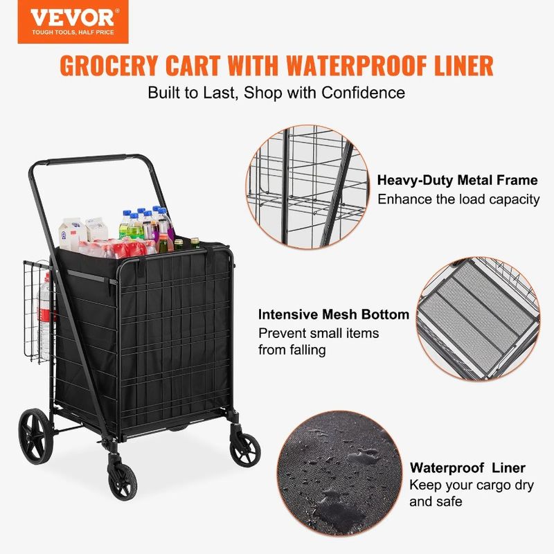 Large Shopping Liner, Cart Waterproof Capacity Swivel Grocery Cart 360° Dual Jumbo Basket, With With Folding 330LBS Removable_voghion.com