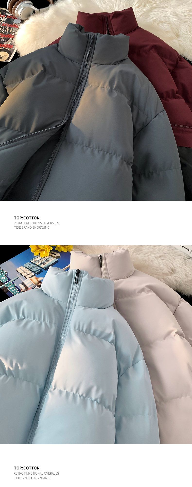 Unisex Winter Puffer Jacket – Oversized Couple’s Coat, Thickened Polyester Fill, Stand Collar Zip-Up (12 Colors)_voghion.com