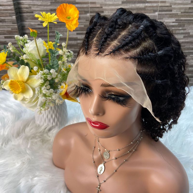 Parrucca Bob Corta Riccia Triangolo Senza Nodi Parrucche Intrecciate Per Le Donne Parrucca Mezza Intrecciata 13X4 Frontale In Pizzo Parrucche 100% Capelli Umani In SaldoIntrecciato Jerry Riccio_voghion.com
