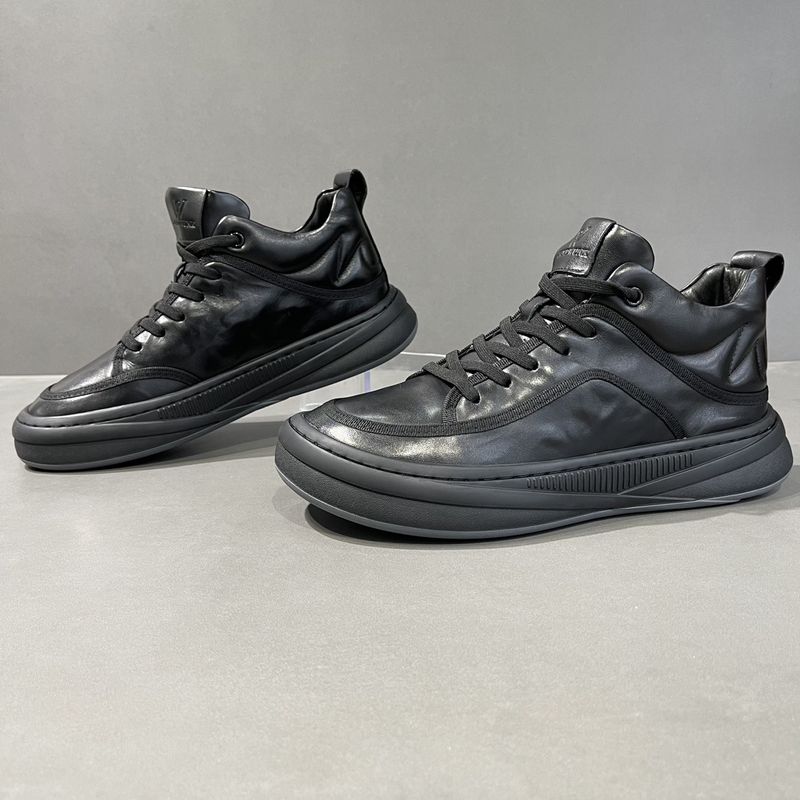 Single Shoe Spring Style Genuine Leather British Trend Versatile High Top Casual Board Zhongbang Boots Men's Black Clown_voghion.com