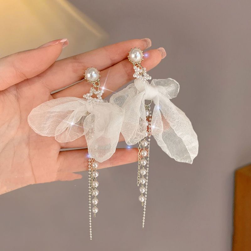 Orecchini pendenti in argento con fiocco elegante ultra immortale, fiore, luce francese, lusso, moda, stile letterario, dolci e versatili_voghion.com