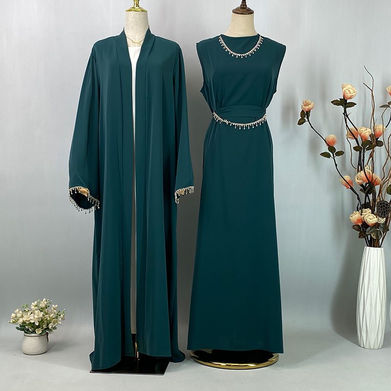 Ramazan Nida Müslüman Seti Çıkarılabilir Zincir Abaya Fas Düğün Kaftan Afrika Siyah Elbise Dubai Uzun Kadın Abiye Kaftan_voghion.com