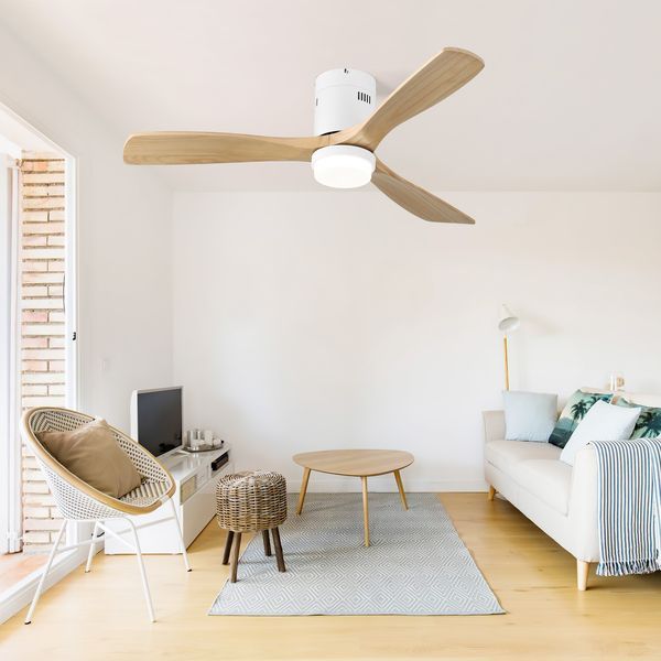 Ventilateur de plafond décoratif de 52 pouces avec télécommande à 6 vitesses, blanc, 3 pales en bois massif, moteur à courant continu réversible pour salon_voghion.com