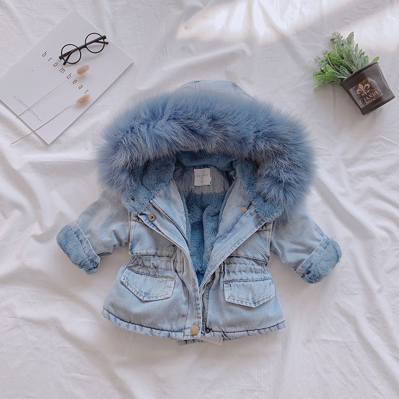 Nuovo cappotto invernale per bambine in stile coreano, taglia piccola e media, in denim felpato, con ampio collo di pelliccia, spesso e caldo, di media lunghezza_voghion.com