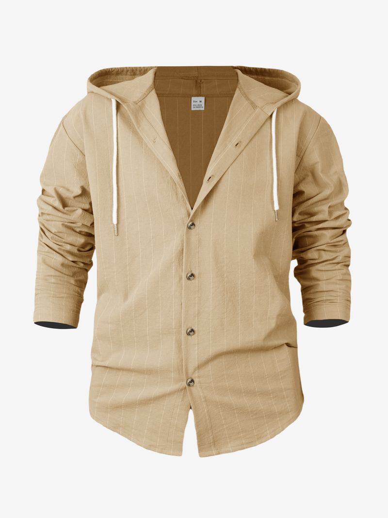 Camicia casual a maniche lunghe con cappuccio e bottoni, nuova, in cotone e lino, a righe, da uomo_voghion.com