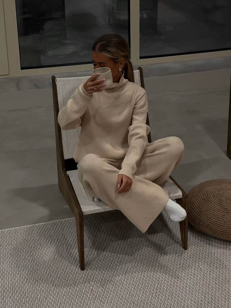 Women's High-Neck Knit Sweater & Pants Set - Long Sleeve Solid Color Lounge Outfit, Elegant Two-Piece Ensemble (Black/Beige, S/M/L/XL)_voghion.com