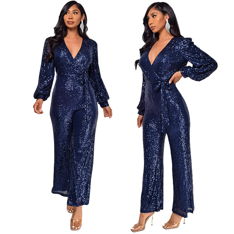 Damkläder Ins Style Deep V Mode Casual Jumpsuit Långärmat Bälte Paljett Jumpsuit Dam_voghion.com