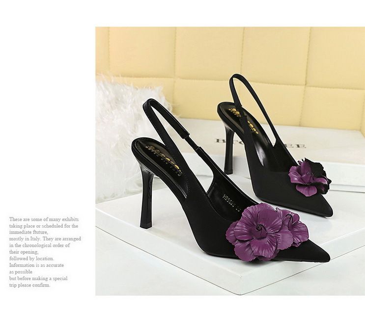 3526-H57 Scarpe da donna con tacco a spillo, con cinturino posteriore cavo, punta affilata, blocchi di colore e fiori, basse e basse_voghion.com