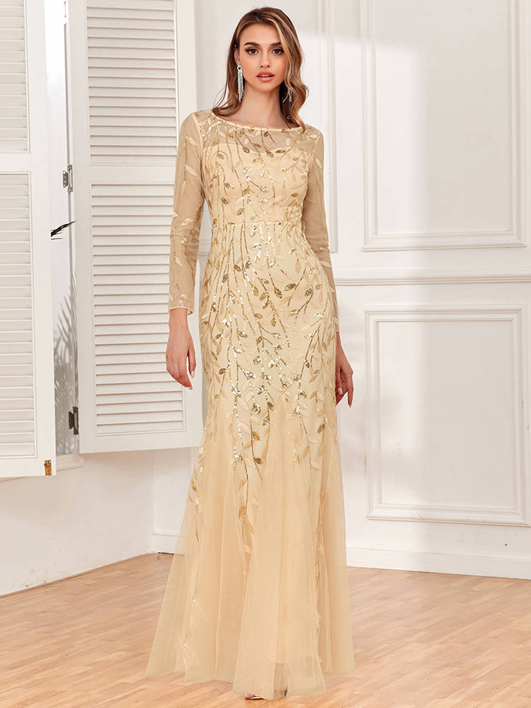 2023 heißer Verkauf Meerjungfrau Abendkleider Oansatz Volle Hülse Tüll Stickerei Lange Party Kleid Elegante Formale Kleid_voghion.com