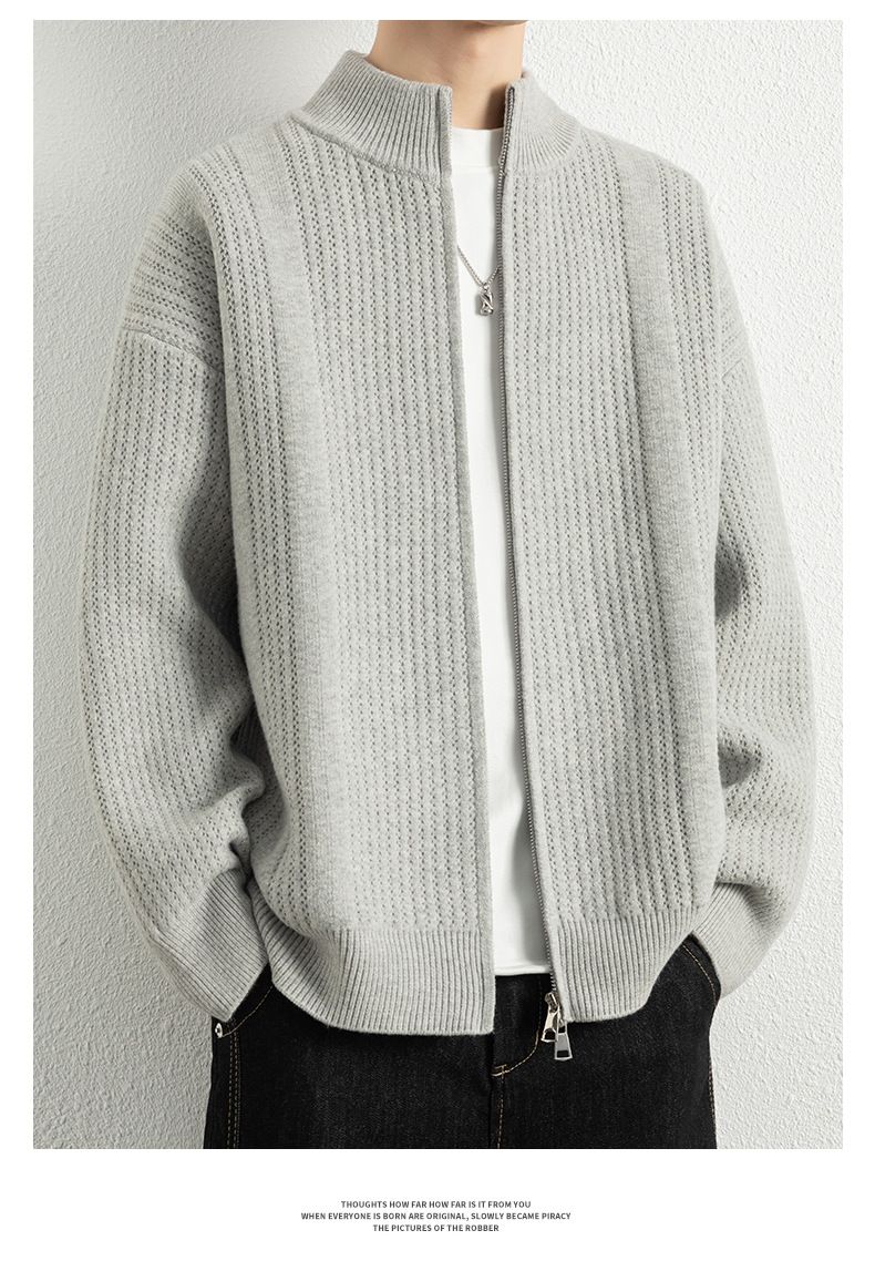 Herbst und Winter Herren Neue Stehkragen Doppelreißverschluss Strickjacke Modische Casual Solid Color Vielseitige Pulloverjacke_voghion.com