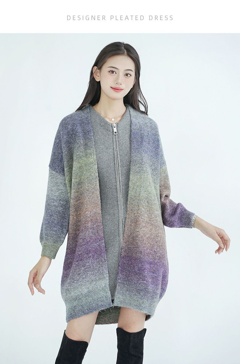 Autumn Winter Wool Knit Cardigan For Women Gradient Color Mid-Length Thickened Sweater Coat_voghion.com