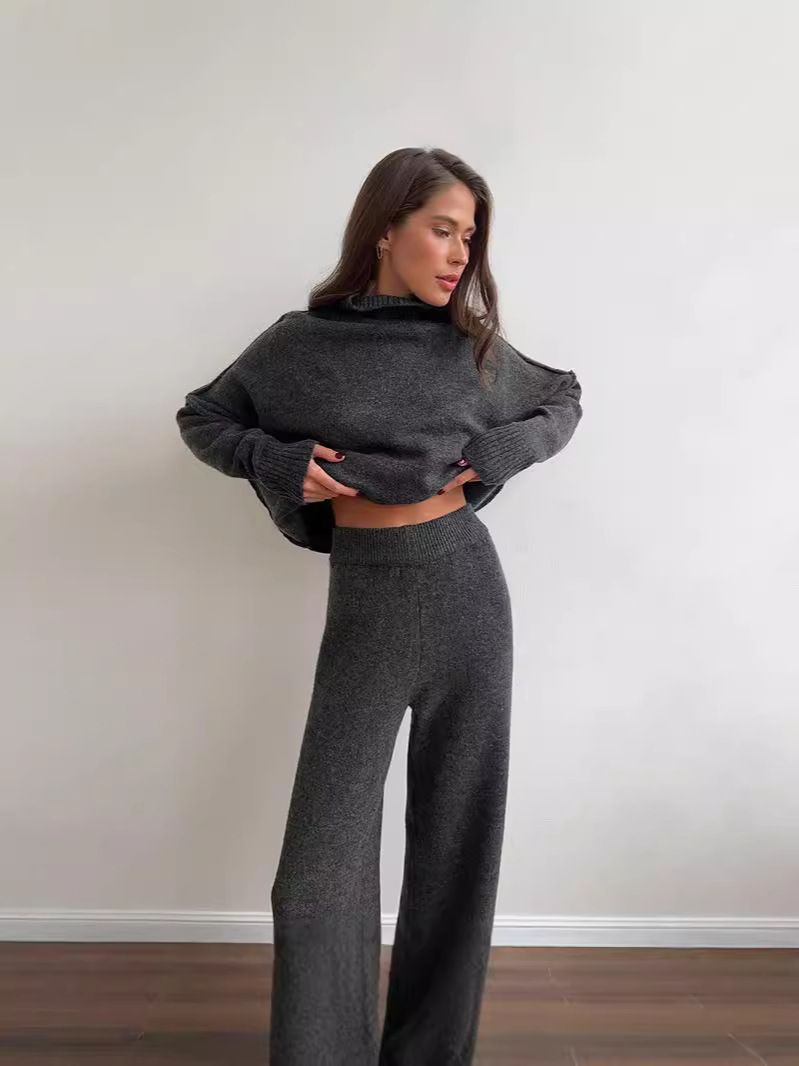 Completo da donna con maglione a collo alto e pantaloni in maglia – Completo invernale casual ampio (acrilico, cammello/marrone/grigio scuro/verde, S/M/L)_voghion.com
