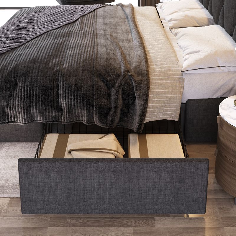 Cadre de lit double avec rangement 140 x 200 cm, avec port USB, tête de lit capitonnée et 4 tiroirs, sommier à lattes en bois gris (avec matelas)_voghion.com