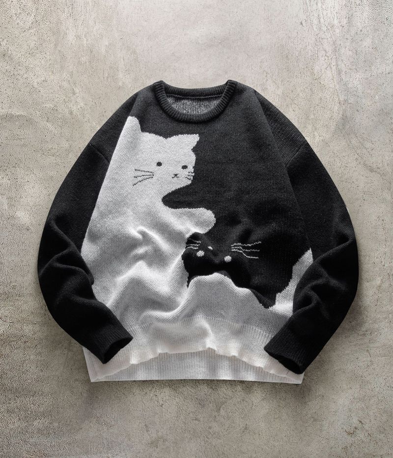 Maglione lavorato a maglia con stampa di gatti - Pullover oversize con scollo rotondo, comodo e alla moda per l'autunno/inverno_voghion.com