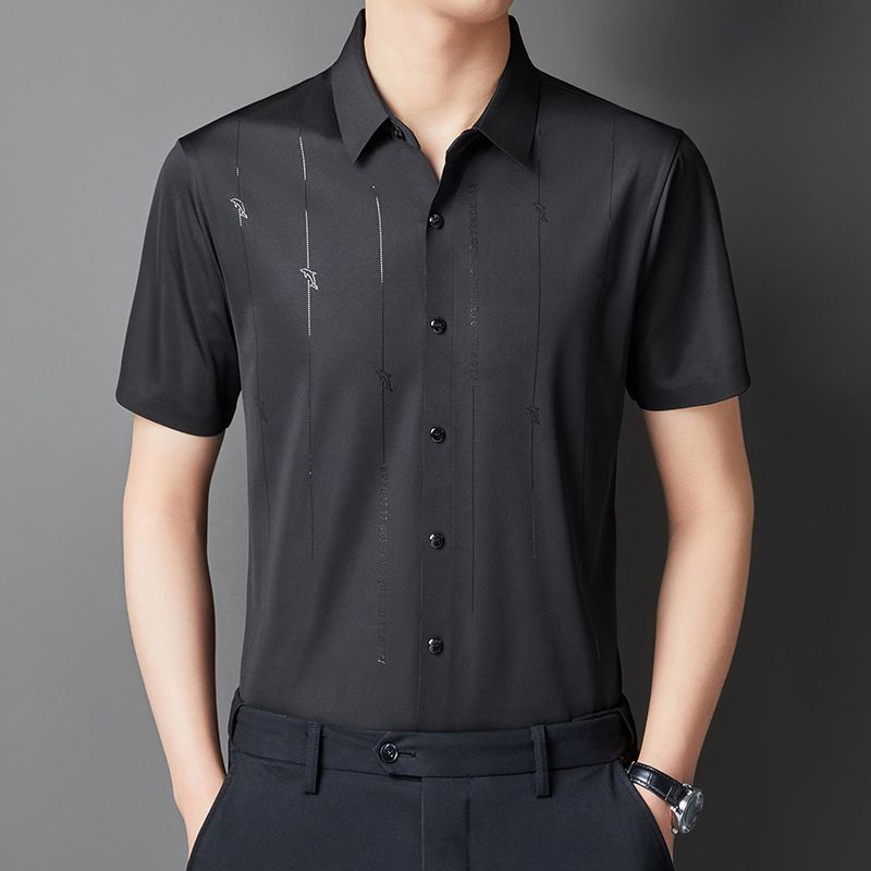 Camicia da uomo a maniche corte in seta ghiaccio CT, estiva, casual, elasticizzata, non stirabile, sottile, versatile e traspirante_voghion.com