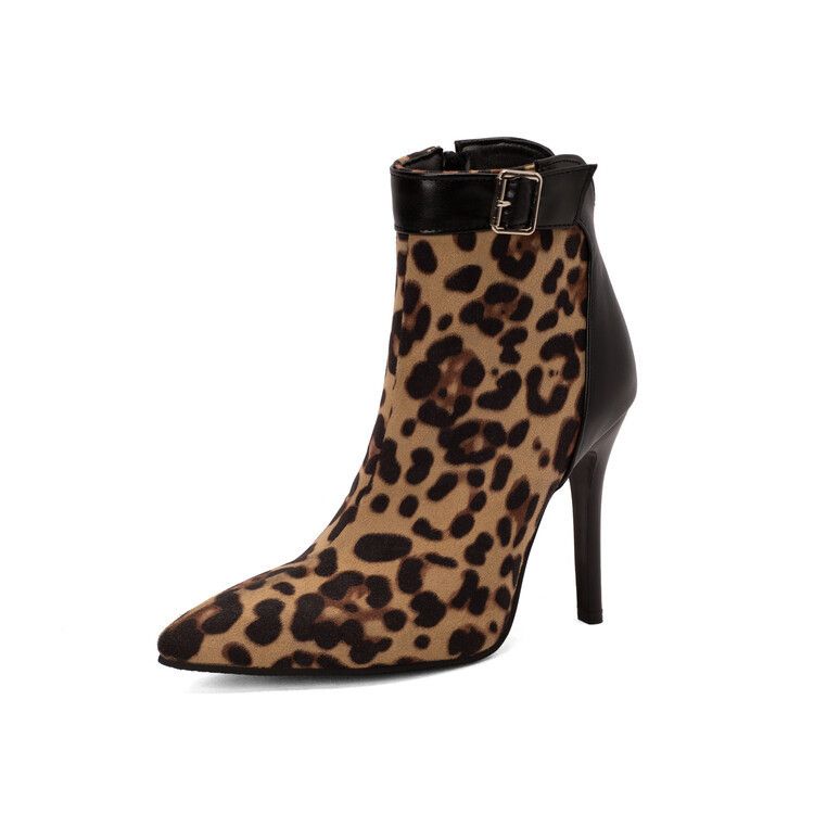 2022 European and American style pointed thin heel fashion women's boots leopard print short boots foreign trade large size color matching short boots_voghion.com