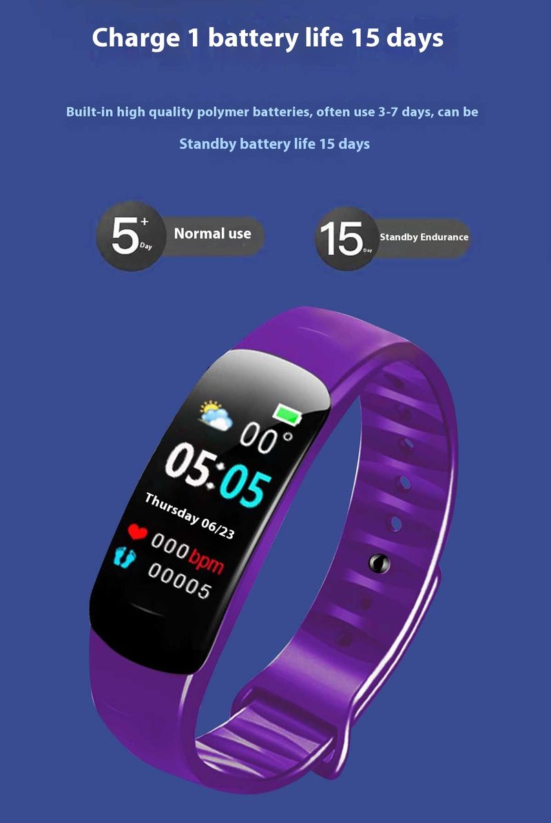 Bracelet intelligent à écran couleur C1plus, compteur Bluetooth, mesure de la fréquence cardiaque et de la pression artérielle, bracelet de sport multifonctionnel_voghion.com