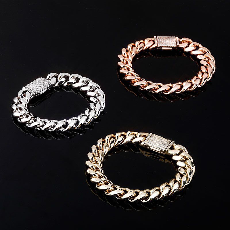 Ins New Box Jewelry Buckle Cuban Inlaid Zircon Real Gold Electroplated Hip Hop Men's Bracelet_voghion.com