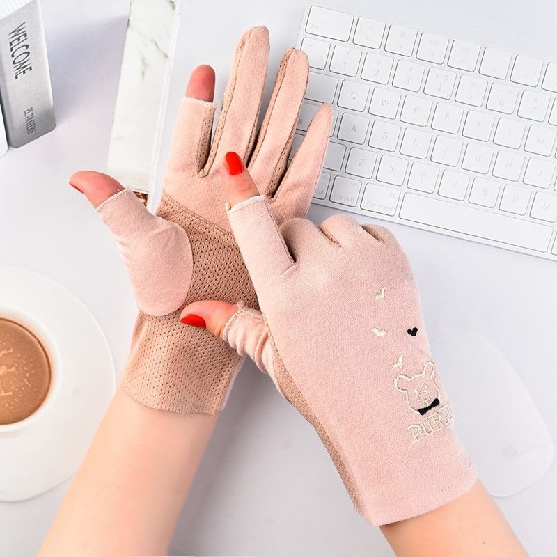 Women's thin summer UV resistant elastic spring and autumn cycling anti slip pure cotton touch screen gloves for driving_voghion.com
