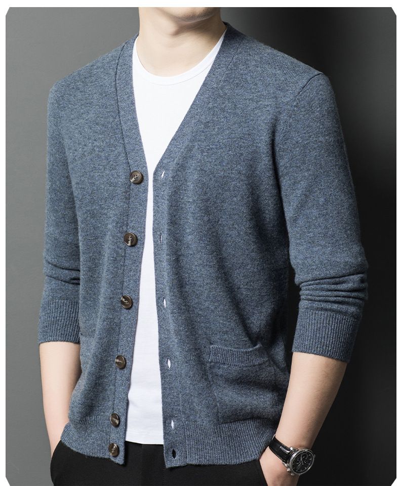 Herbst-Winter-Pullover aus reiner Wolle mit V-Ausschnitt und einfarbigem Farbverlauf für Männer mittleren und älteren Alters, vielseitiger Strickpullover_voghion.com