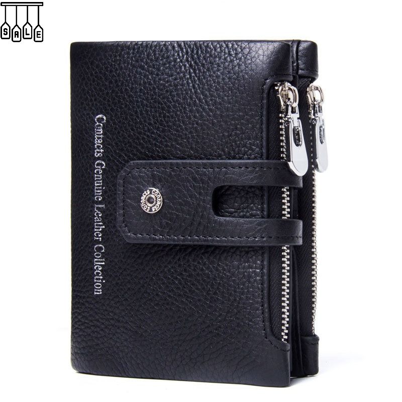 Herenportemonnee met ketting, echt leren portemonnee, RFID-blokkering, dubbelgevouwen, dubbele rits, muntvak met antidiefstalketting_voghion.com