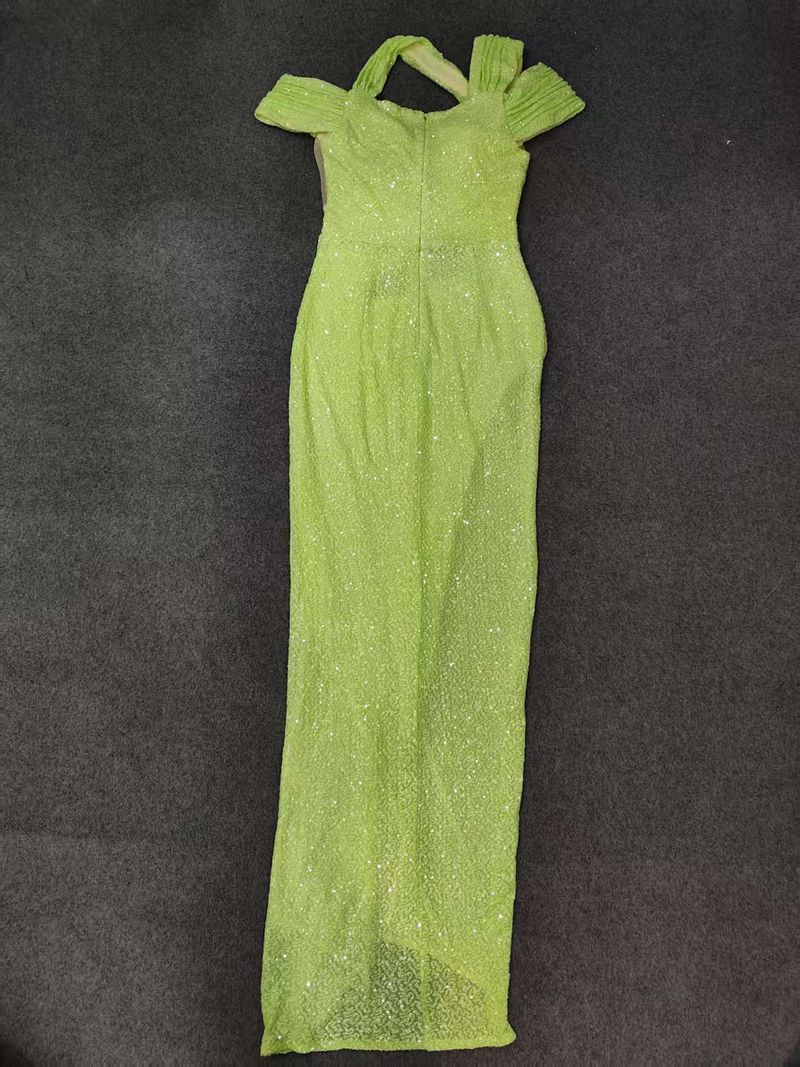 Women's Clothing V-Neck Irregular Sequin Butterfly Closure Sexy Bodycon High Slit Evening Party Dress For Women - Fluorescent Green_voghion.com