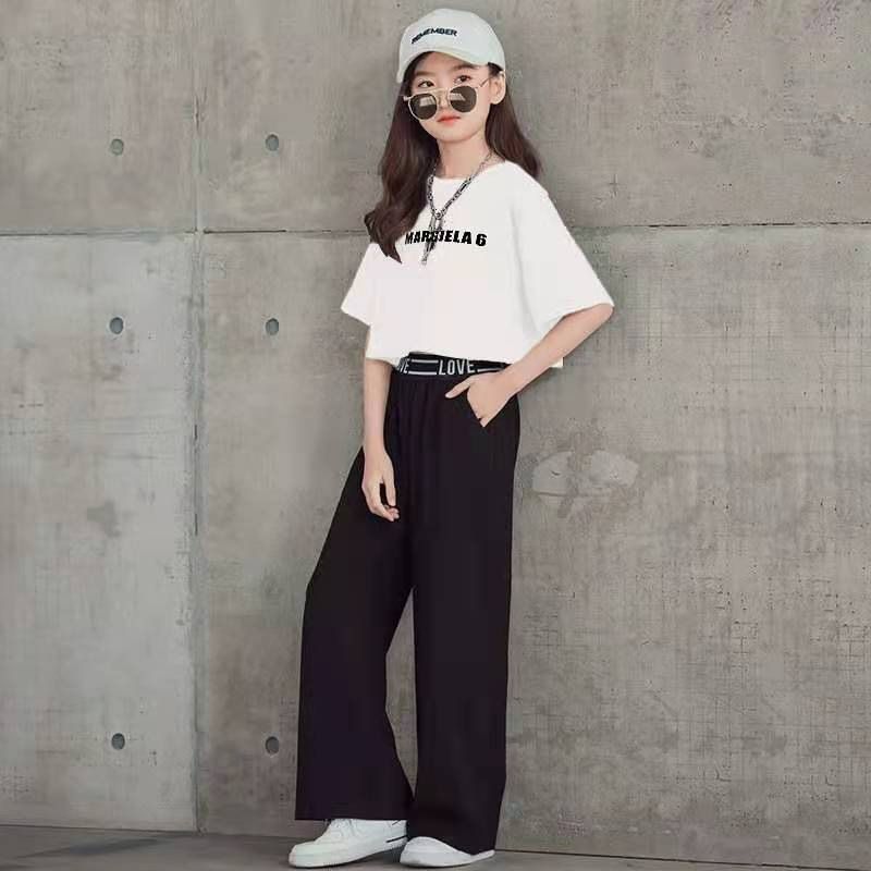 Girls' 2023 summer new item, Zhongda stylish Korean version, children's short sleeved top, wide leg pants two-piece set_voghion.com