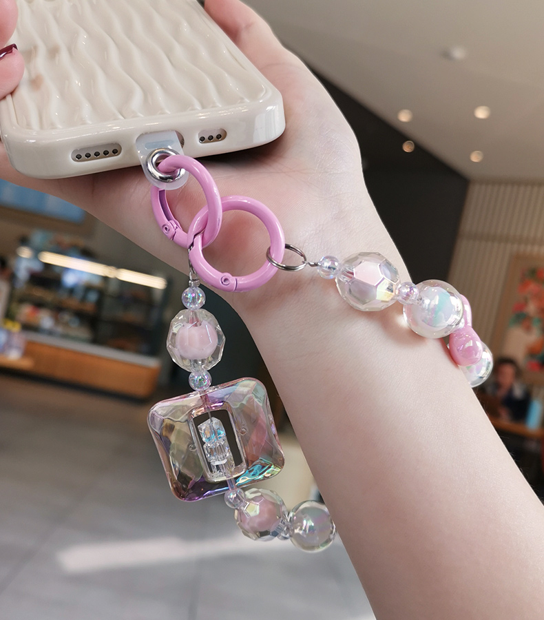 Large Square Crystal Bead Wrist Strap Mobile Phone Strap with Multi Sided Diamond Bead Pendant Phone Anti Drop Clip_voghion.com