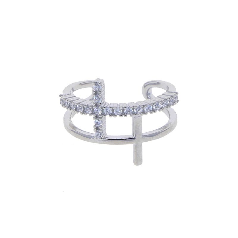 New Silver Cross Ring Inlaid With Zircon Open Adjustable Ring Double Cross Jewelry_voghion.com