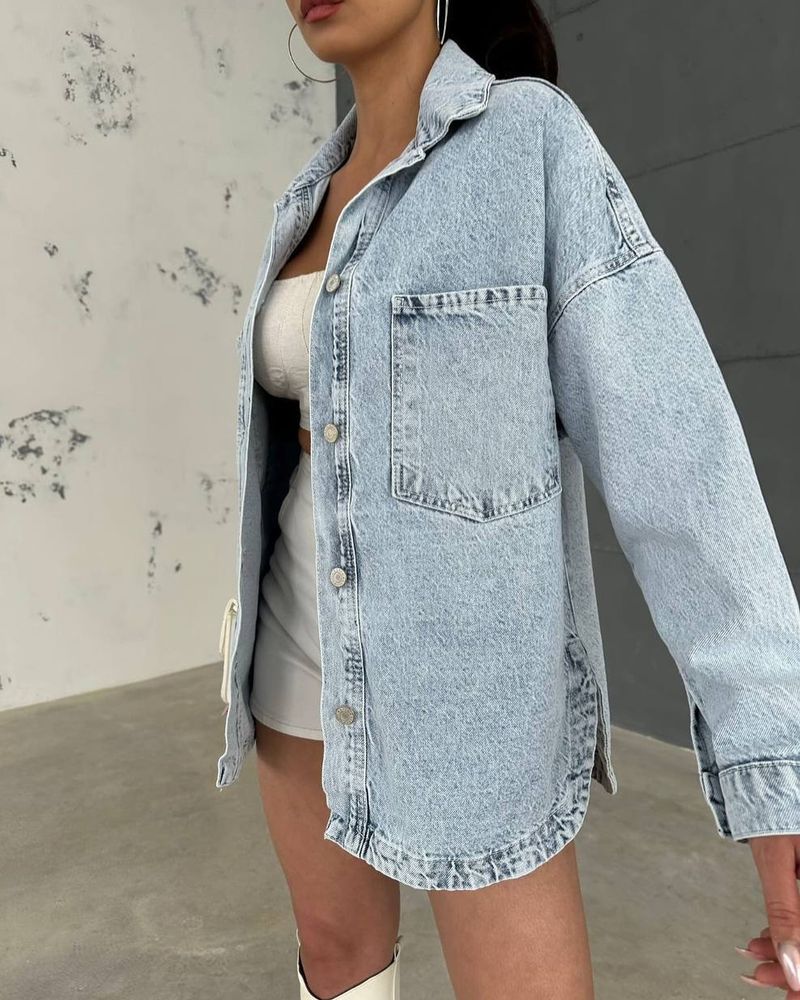 Women's Clothing Retro Washed Old Oversize Lapel Long Sleeved Top Autumn New All Match Cardigan Jacket_voghion.com