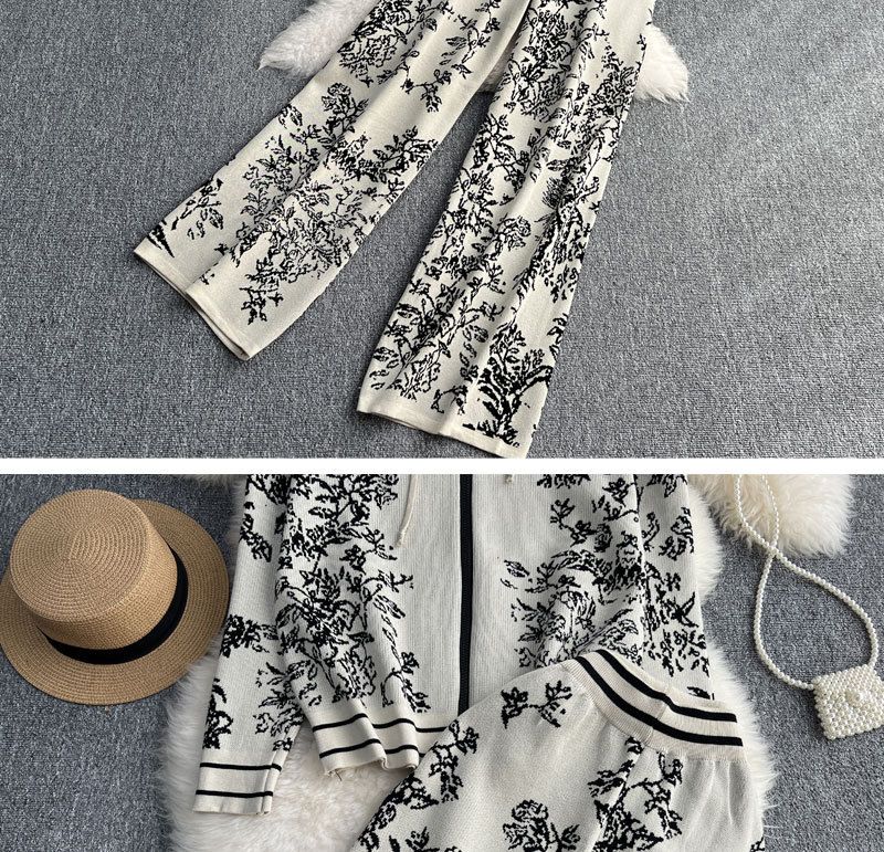 Sweat-shirt tricoté à capuche et fermeture éclair en jacquard pour femmes, ensemble deux pièces, taille haute, pantalon à jambes larges_voghion.com