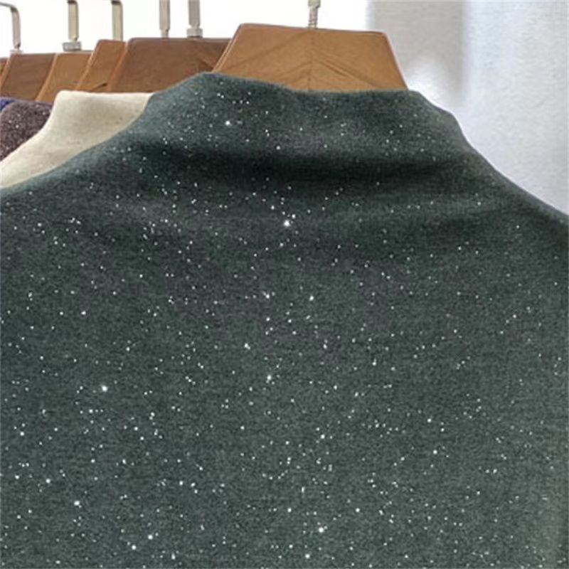 Top semi-dolcevita in velluto e paillettes a doppio strato – Strato di base a maniche lunghe con vestibilità slim (da donna, elasticizzato e confortevole, dalla M alla 2XL, casual e da festa)_voghion.com