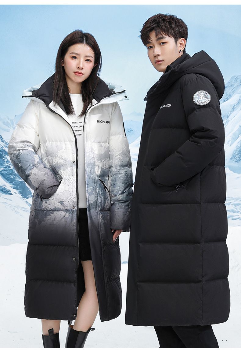 Winter Neue Schneeberg Farbverlauf Verdickte Warme Lange Lockere Kapuzenjacke Für Männer Und Frauen Passende Weiße Entendaunenjacke_voghion.com