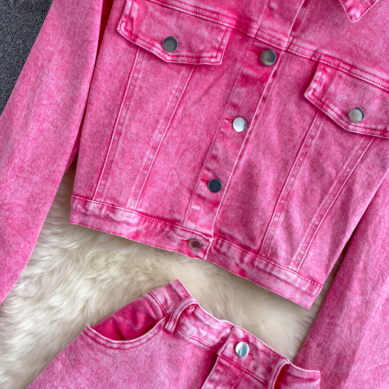 Ropa de mujer Conjunto de dos piezas formado por chaqueta y pantalón corto de mezclilla rosa y holgado para mujer_voghion.com