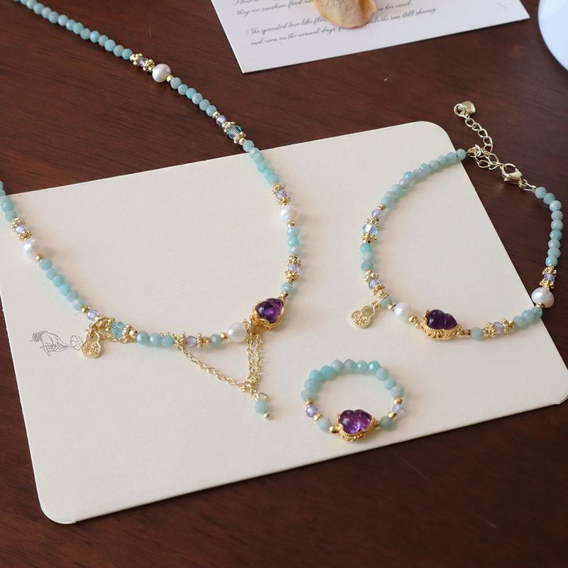 Women's Ins-Style Jewelry Set: Natural Tianhe Stone Beaded Pearl Collarbone Chain + Amethyst Niche Pendant Necklace + Ring Bracelet_voghion.com