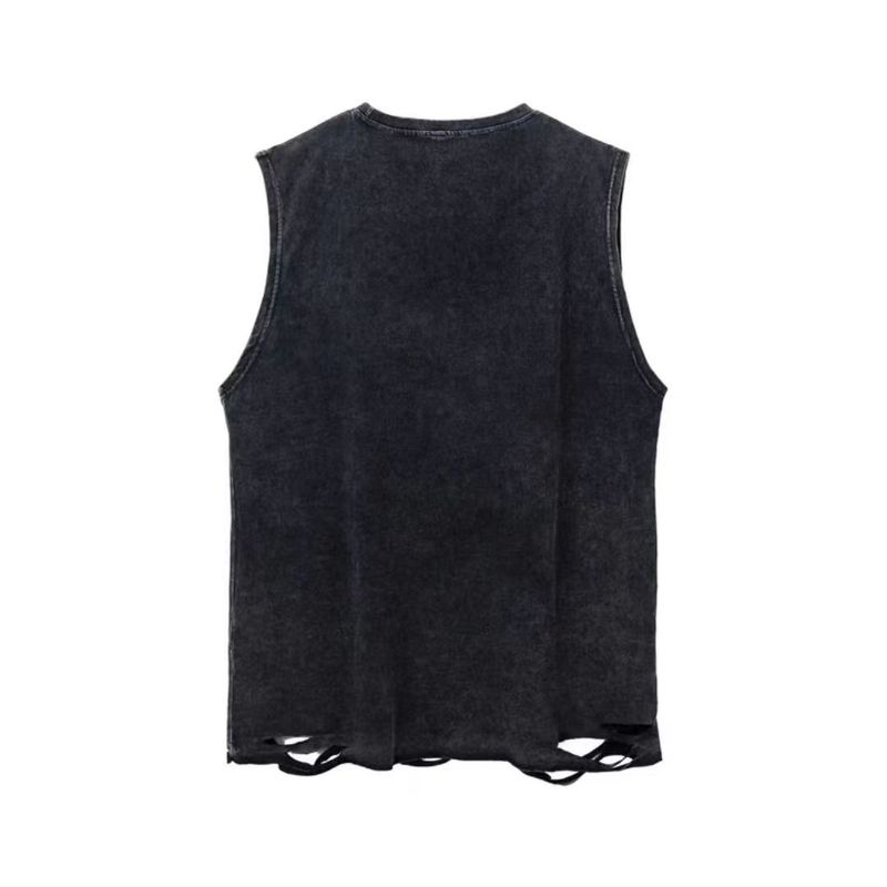 Personlig topptryckt, tvättad, broderad, bläckstänkt, lös t-shirt med hål, Street Style, ärmlös,_voghion.com