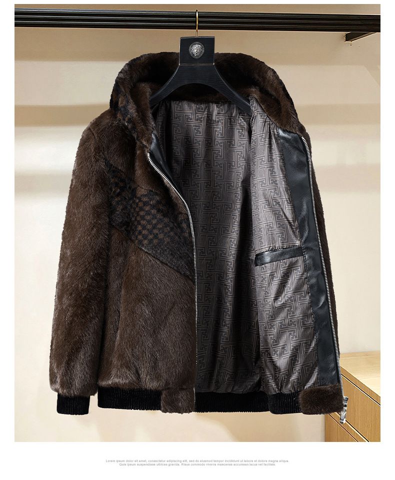 Cappotto in visone sintetico premium da uomo - Giacca invernale con cappuccio, pelliccia di montone color oro e design color-block_voghion.com