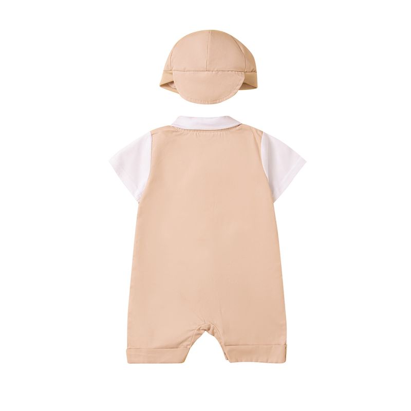 SAMGAMI BABY Ensemble trois pièces pour garçon, version coréenne, barboteuse à manches courtes, gilet et chapeau, blanc, nœud papillon, bretelles_voghion.com