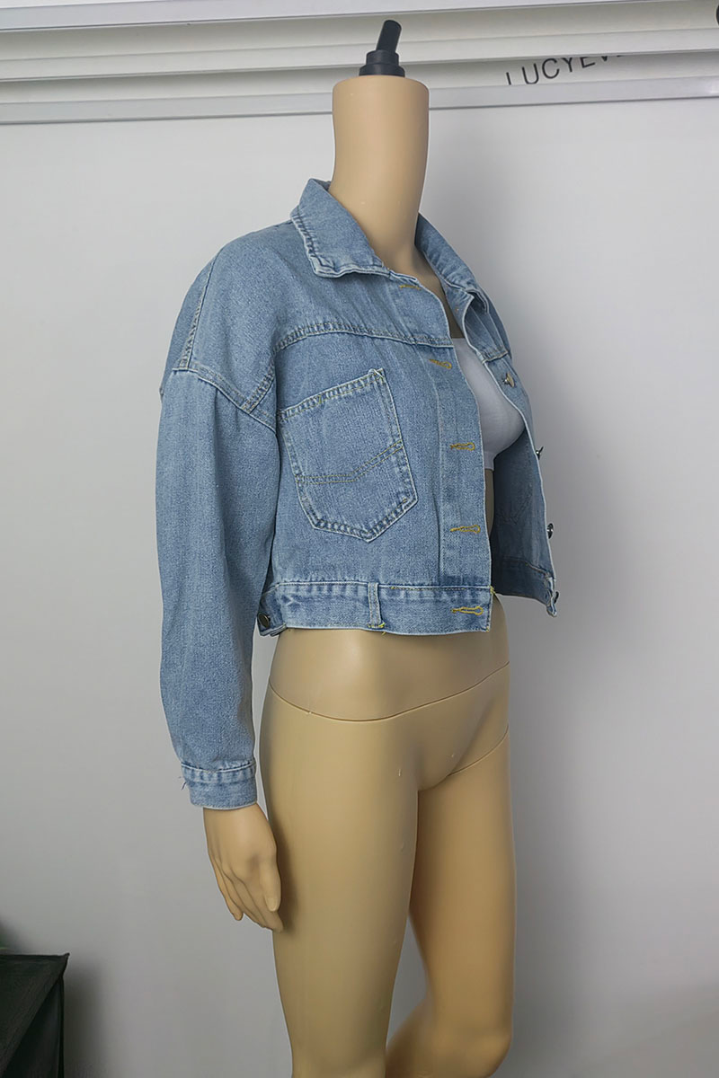 Xpqbb Chaqueta vaquera recortada para mujer, moda coreana, chaqueta bomber con botones divididos en la espalda, chaqueta vaquera de manga larga con solapa para mujer_voghion.com