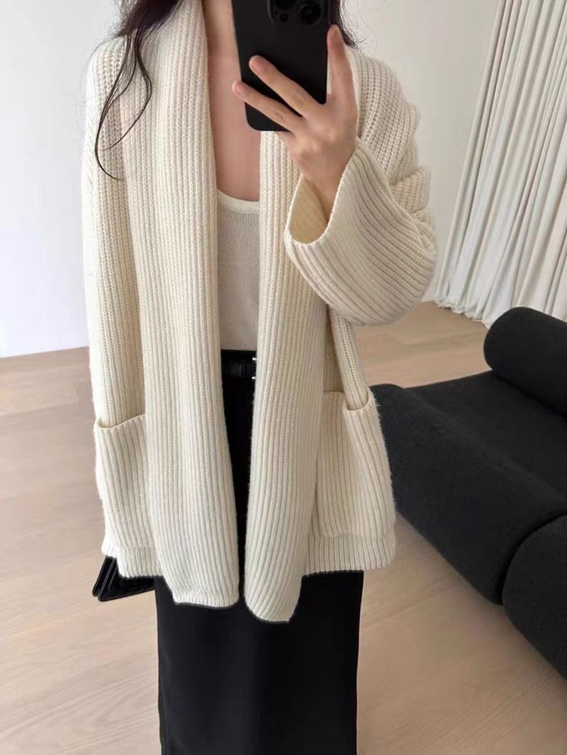 Luie, zachtaardige temperament, halflange sjaalkraagjas voor dames, 2024 herfst en winter losse pasvorm afslankend breisel_voghion.com