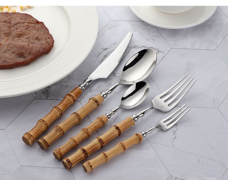 Bamboo Handle Cutlery - 18/10 Stainless Steel Set_voghion.com