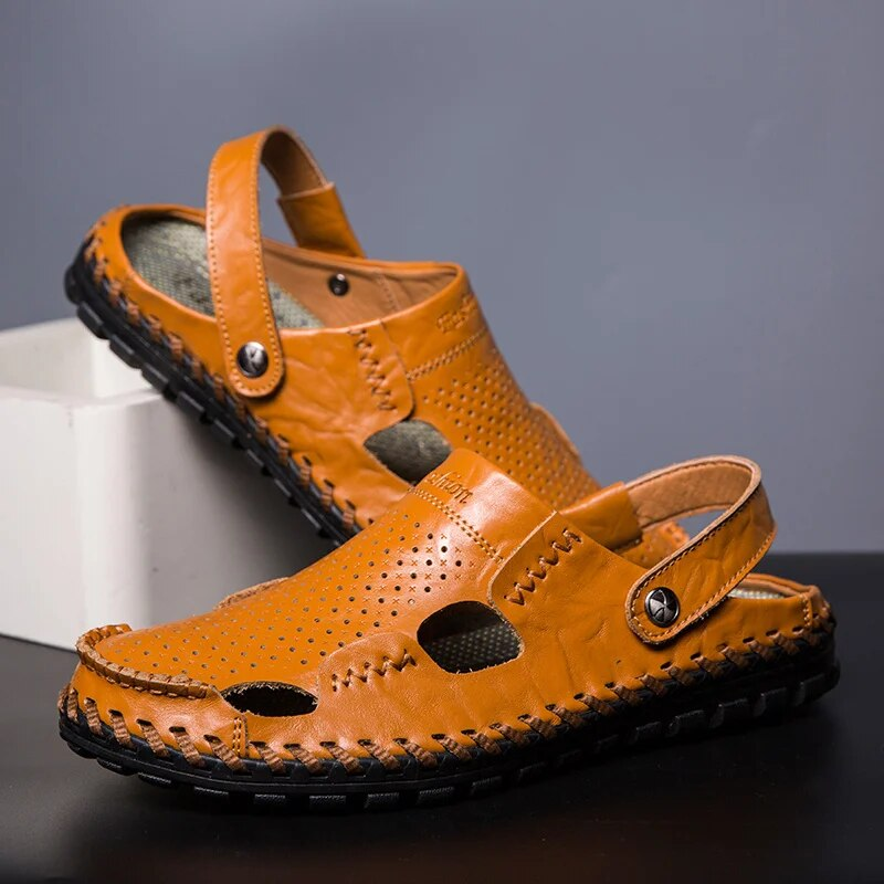 Men's Casual Summer Beach Sandals Closed Toe Walking Outdoor Sandals Slip-On Comfortable Leather Shoes For Man_voghion.com