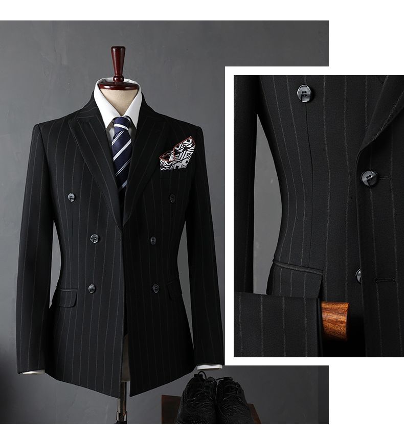 Slim Fit Zweireihiger Anzug für Herren – Blazer und Hose für den Bräutigam mit steigendem Revers, formelle Geschäfts- und Freizeitkleidung (Schwarz/Marineblau)_voghion.com